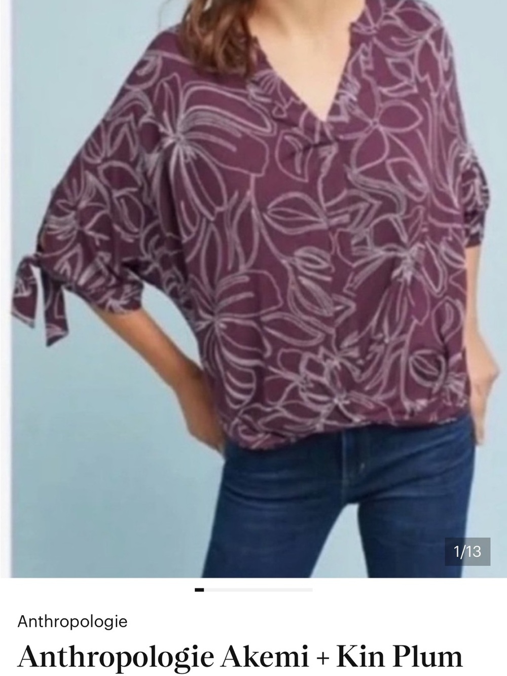 Anthropologie Plum Floral V-Neck Tie-Sleeve Blouse